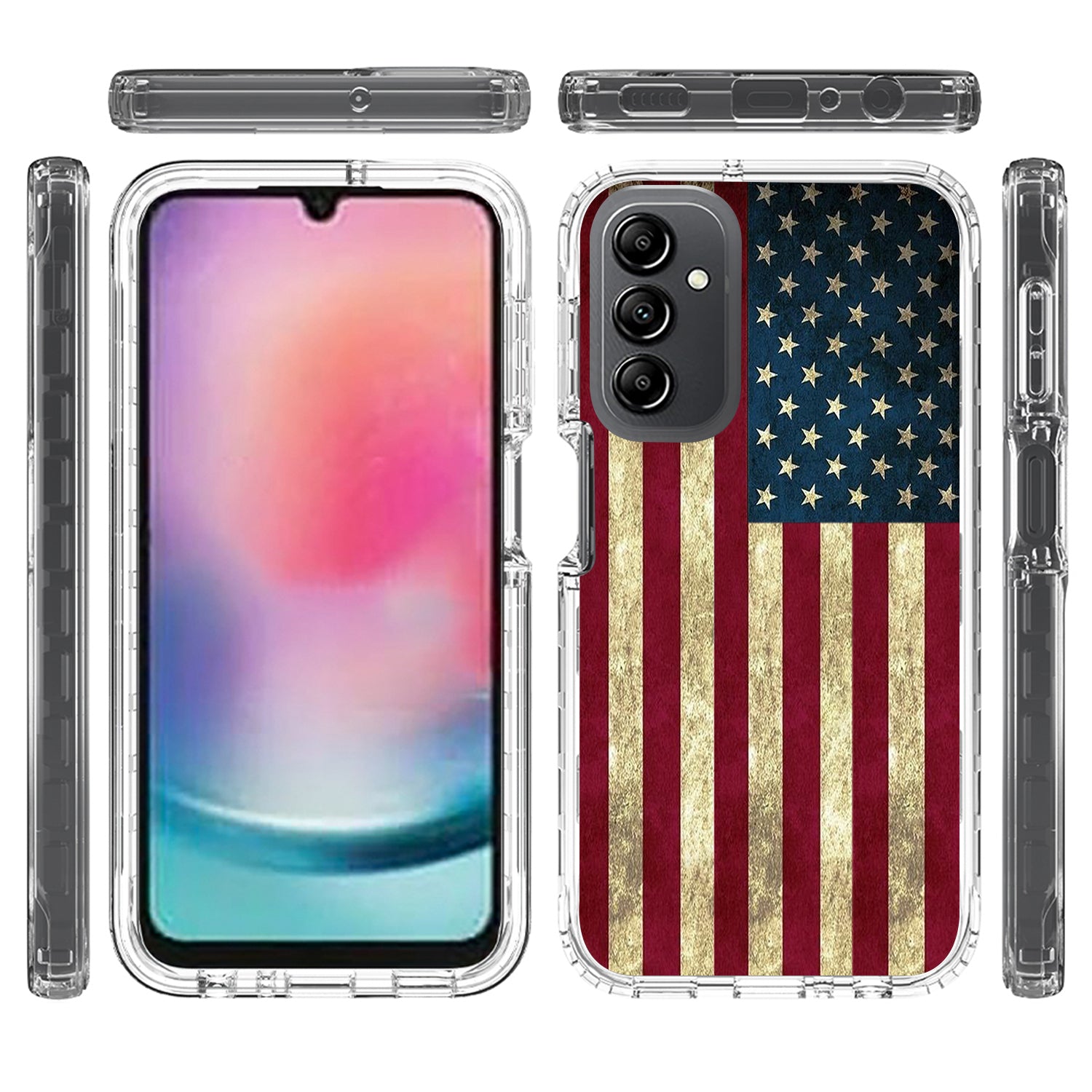 Uniqkart for Samsung Galaxy A24 4G Pattern Printing Phone Case PC Frame + TPU Transparent Phone Cover - American Flag Uniqkart for Samsung Galaxy A24 4G Pattern Printing Phone Case PC Frame + TPU Transparent Phone Cover - American Flag